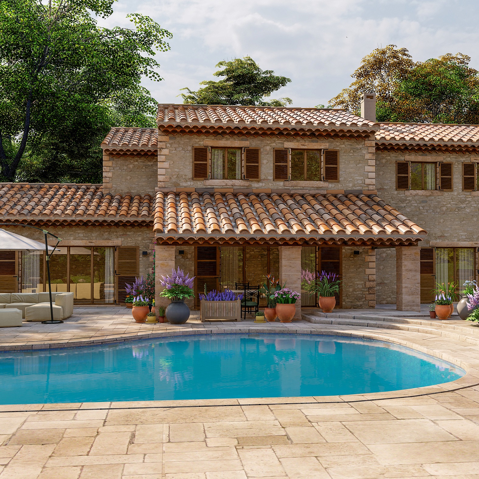 3D rendering of a Mediterranean style villa with pool and garden